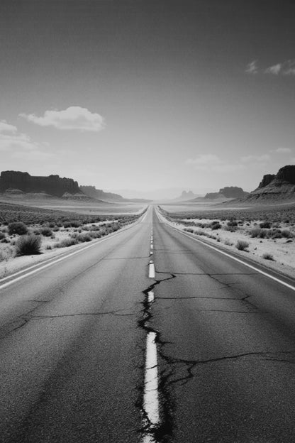 Black and white landscape photograph of a straight cracked asphalt road leading toward distant desert mesas under a cloudy sky.