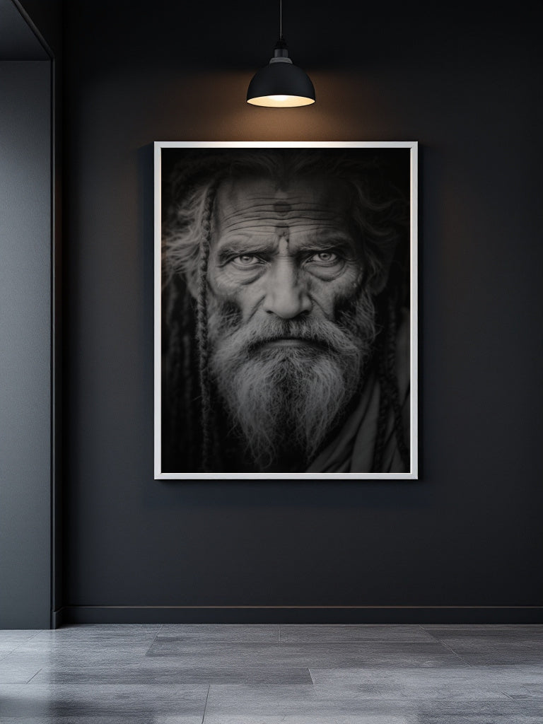 A framed black and white portrait print of an elderly bearded man with dreadlocks, displayed on a dark charcoal wall under a hanging lamp in a modern interior setting.