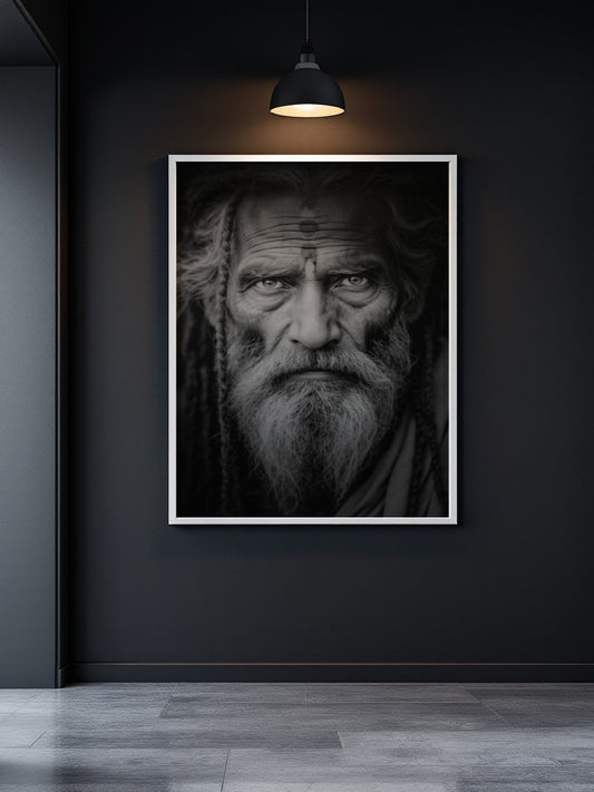 A framed black and white portrait print of an elderly bearded man with dreadlocks, displayed on a dark charcoal wall under a hanging lamp in a modern interior setting.