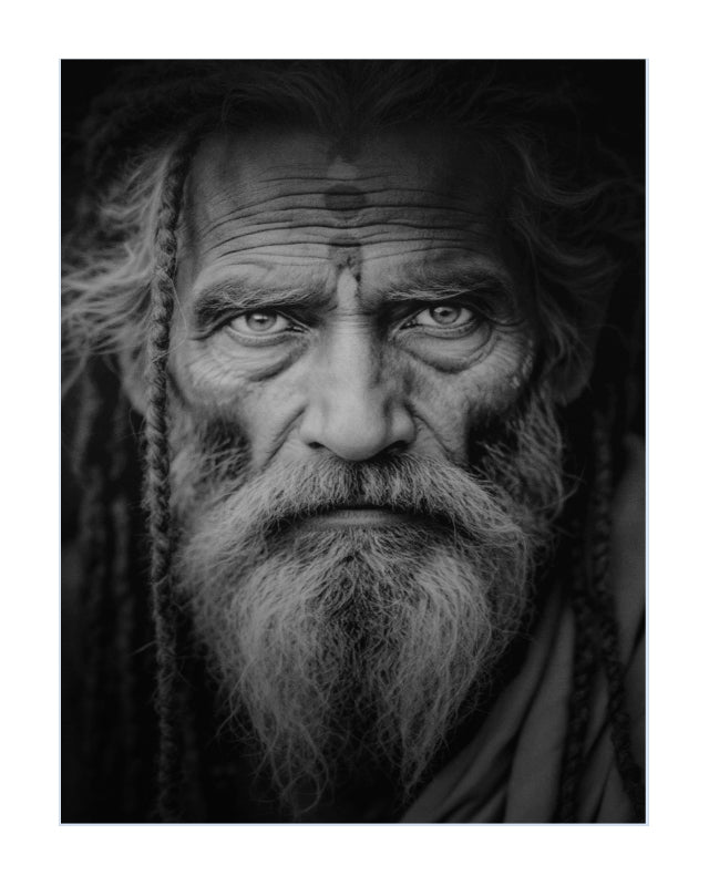 Black and white portrait print of an elderly man with a long beard and braided hair, shown against a dark background with a white border around the artwork.