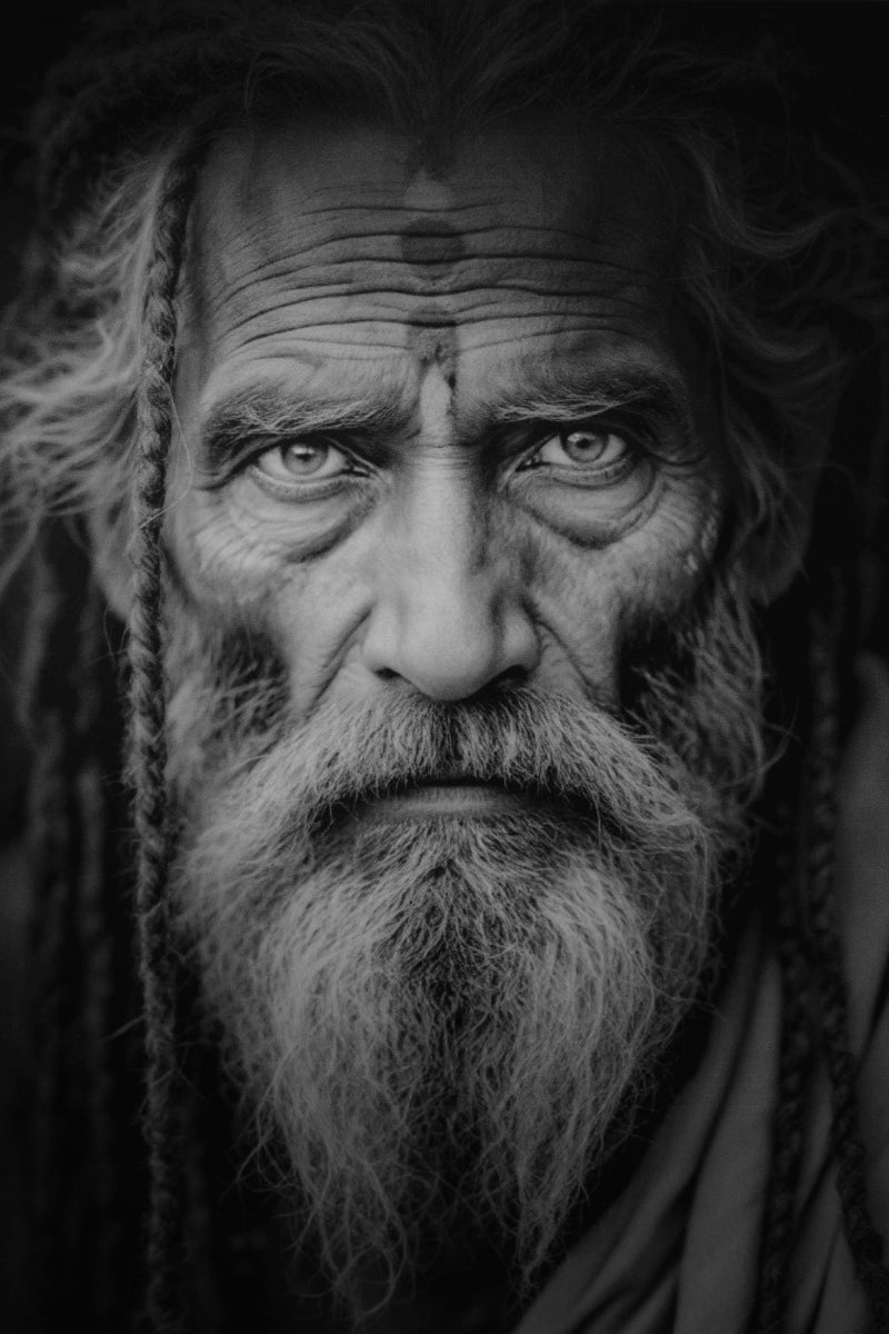 Black and white close-up portrait of an elderly man with a long beard, braided hair, and a forehead symbol, shown against a dark background.