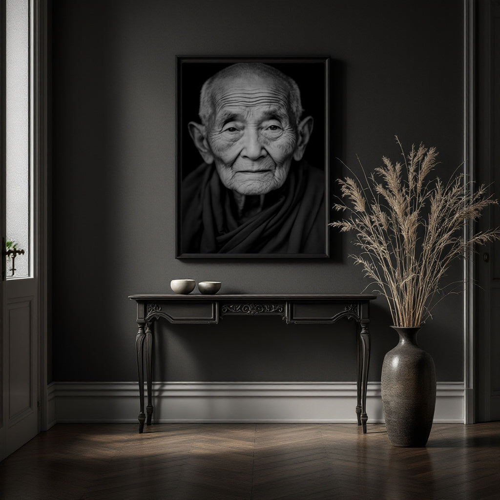 A large black-and-white framed portrait print of an elderly buddhist woman hangs on a dark gray wall above a long console table in a moody interior. A tall vase with dried grass stands to the right, and a window is visible on the left.