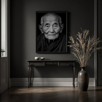 A large black-and-white framed portrait print of an elderly buddhist woman hangs on a dark gray wall above a long console table in a moody interior. A tall vase with dried grass stands to the right, and a window is visible on the left.