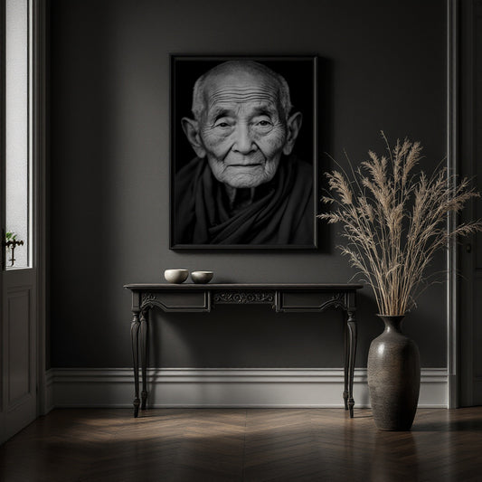 A large black-and-white framed portrait print of an elderly buddhist woman hangs on a dark gray wall above a long console table in a moody interior. A tall vase with dried grass stands to the right, and a window is visible on the left.