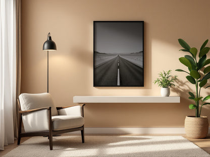 A framed black and white landscape photograph of a straight road through a desert hangs on a beige wall in a modern living room setting with a white armchair, floor lamp, and potted plant.