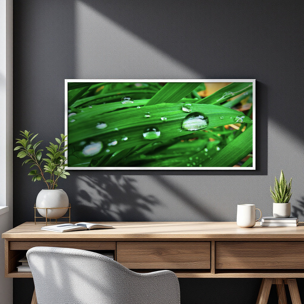 A framed wall art print depicting vibrant green leaves with water droplets, displayed on a dark gray wall above a wooden desk with plants and a mug.