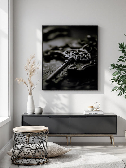 A black and white framed wall art print depicting an ornate antique key, displayed in a modern living room setting above a dark gray sideboard.