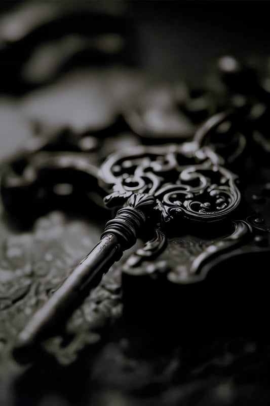 An ornate antique-style metal key with intricate scrollwork, shown in a close-up, moody black-and-white photograph.