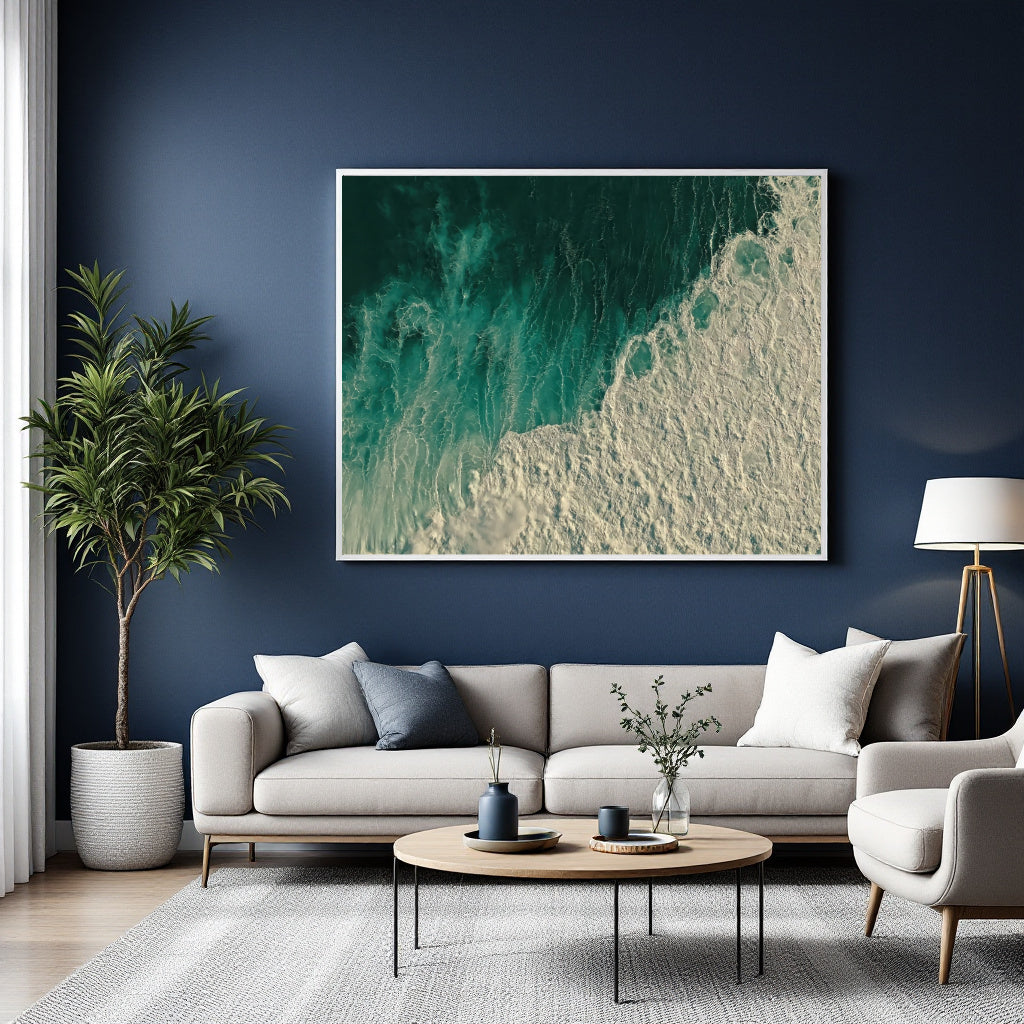 A large framed abstract wall art print showing teal and cream ocean-like waves, displayed above a light gray sofa in a styled living room with a navy blue wall, potted plant, coffee table, and chair.