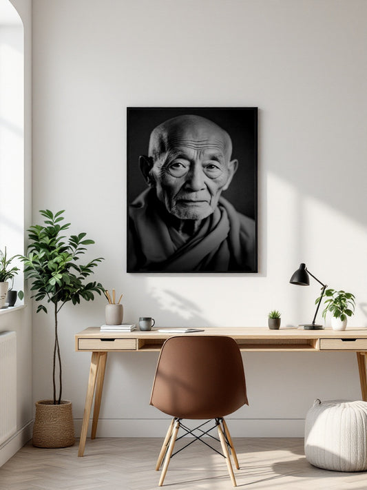 A black and white portrait print of an elderly man displayed on a white wall above a wooden desk in a modern, sunlit home office.
