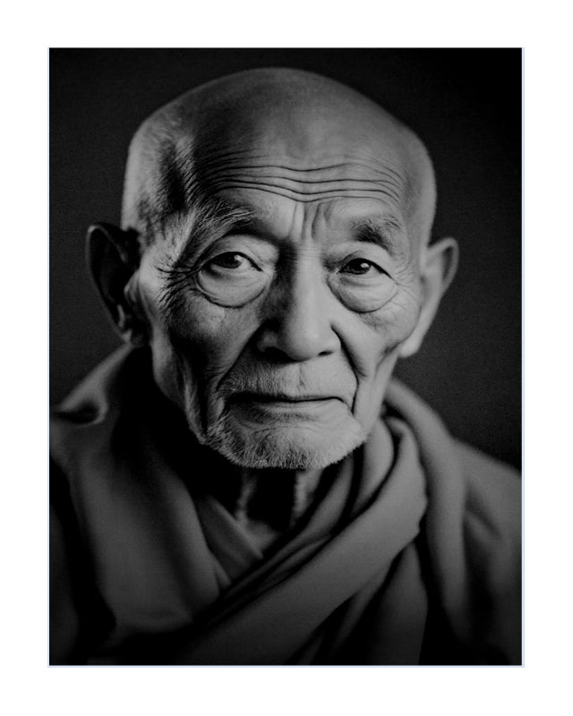 Black and white portrait photograph of an elderly man with a shaved head and draped clothing, shown against a dark background with a white border.