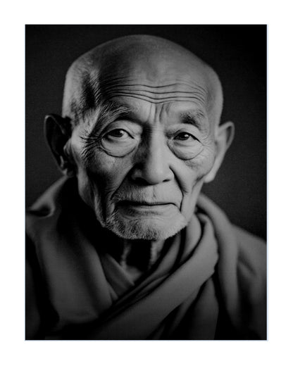 Black and white portrait photograph of an elderly man with a shaved head and draped clothing, shown against a dark background with a white border.