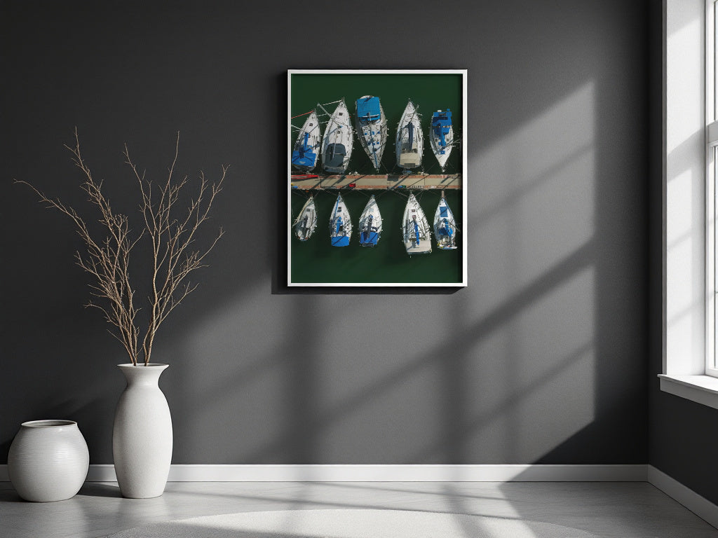 A framed wall art print showing a row of blue and white boats on a dark green background, displayed on a dark gray wall in a modern room setting with a window, vase, and dried branches.