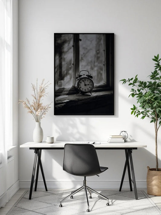 A black and white framed wall art print depicting an alarm clock on a windowsill, displayed in a modern home office setting above a white desk with a black chair.