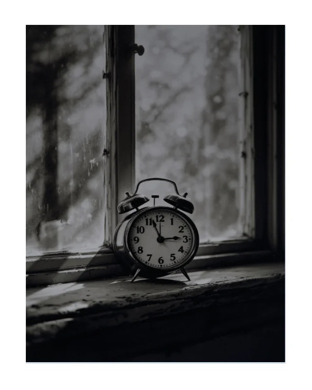 A black and white photograph of a classic twin-bell alarm clock sitting on a weathered windowsill, with a blurred window pane and outdoor scene in the background.