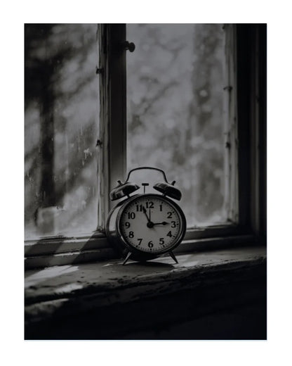 A black and white photograph of a classic twin-bell alarm clock sitting on a weathered windowsill, with a blurred window pane and outdoor scene in the background.