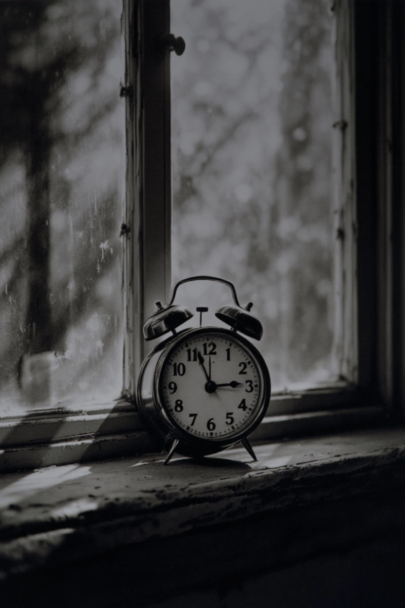 A vintage twin-bell alarm clock with a white face and black numerals sits on a weathered windowsill in a moody, black-and-white photograph.