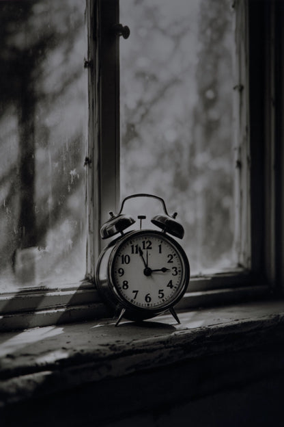 A vintage twin-bell alarm clock with a white face and black numerals sits on a weathered windowsill in a moody, black-and-white photograph.