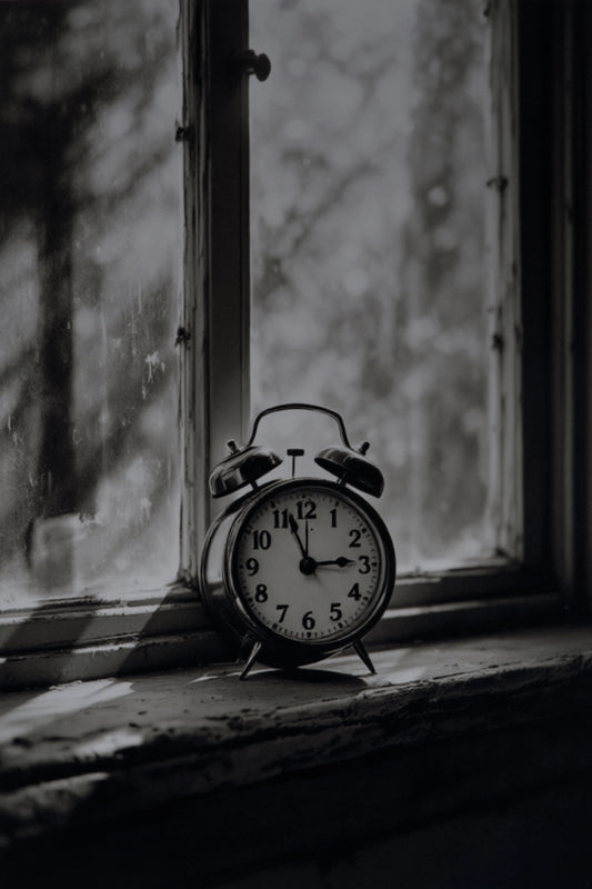 A vintage twin-bell alarm clock with a white face and black numerals sits on a weathered windowsill in a moody, black-and-white photograph.