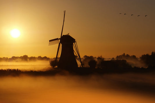A scenic landscape print of a Dutch windmill silhouetted against a warm golden sunrise or sunset, with low-lying mist in the foreground and birds in the sky.