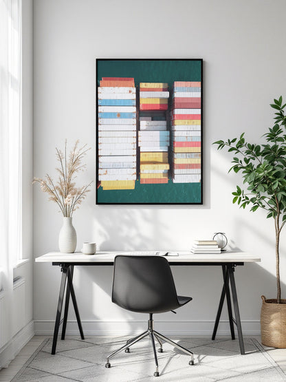 A framed vertical art print featuring three columns of colorful stacked books on a dark teal background, displayed on a white wall above a modern desk with a black chair in a bright, minimalist room.