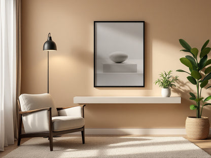 A framed minimalist art print featuring a white stone on a gray pedestal, displayed on a beige wall in a modern living room setting with a white armchair, floor lamp, and potted plant.