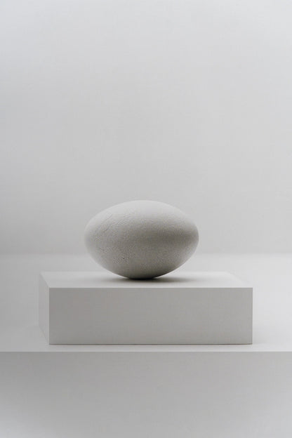 A minimalist light gray stone sculpture resembling a smooth egg, displayed on a matching rectangular pedestal against a clean, neutral white background.