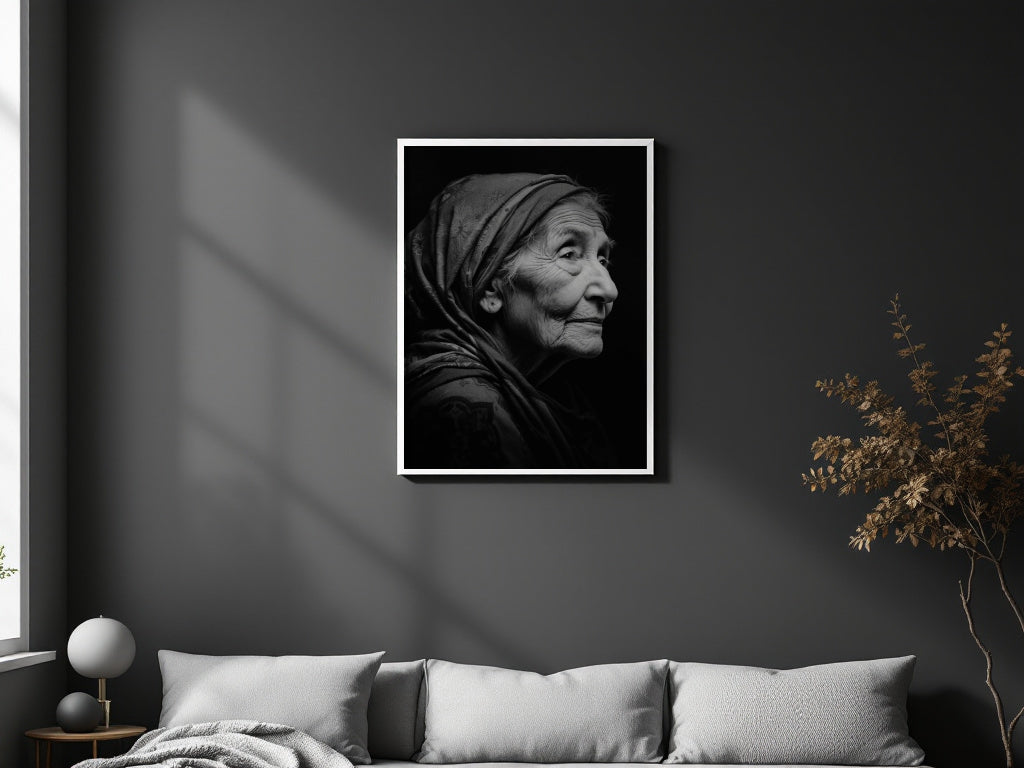 A framed black and white portrait print of an elderly woman with a headscarf, displayed on a dark gray wall above a light gray sofa in a styled interior setting.