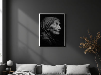 A framed black and white portrait print of an elderly woman with a headscarf, displayed on a dark gray wall above a light gray sofa in a styled interior setting.