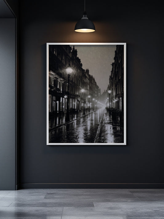 A framed black and white street scene print hanging on a dark gray wall, with a hanging lamp above and a gray floor below.