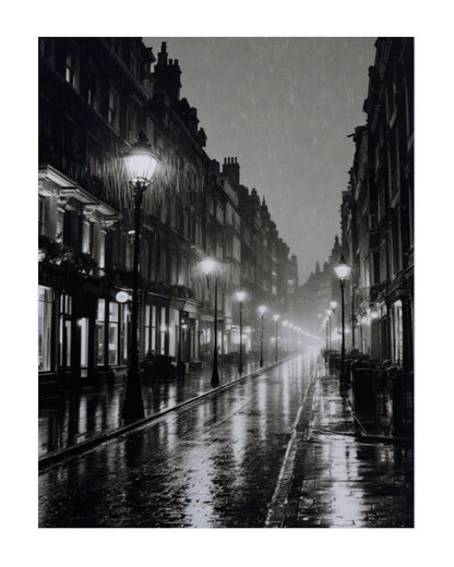 A black and white photograph of a wet city street lined with lit lampposts and tall buildings, presented as an art print with a white border.