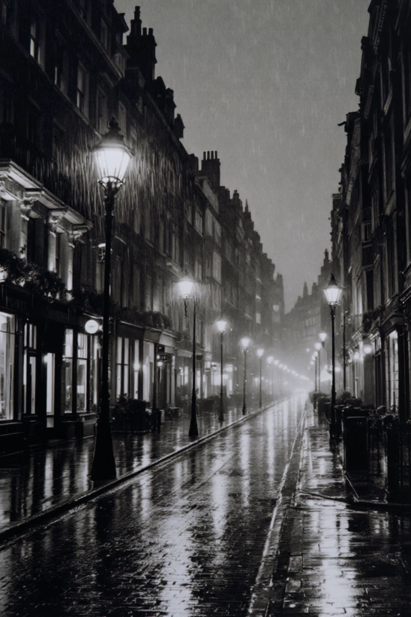 Black and white photograph of a rain-slicked city street at night, with tall buildings on both sides, glowing street lamps, and reflections on the wet pavement.