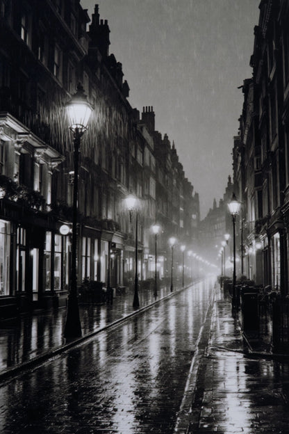 Black and white photograph of a rain-slicked city street at night, with tall buildings on both sides, glowing street lamps, and reflections on the wet pavement.