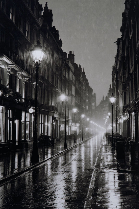 Black and white photograph of a rain-slicked city street at night, with tall buildings on both sides, glowing street lamps, and reflections on the wet pavement.