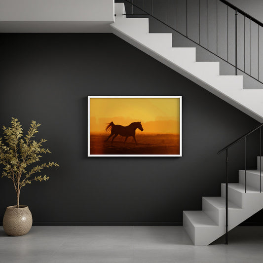 A framed wall art print showing a dark horse silhouette against a warm orange sunset, displayed on a dark gray wall in a modern interior with white stairs and a potted plant.