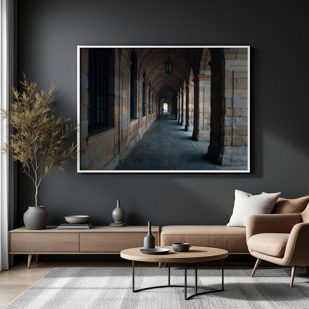 A large framed wall art print depicting a stone archway corridor, displayed in a modern living room setting above a wooden console table and sofa.
