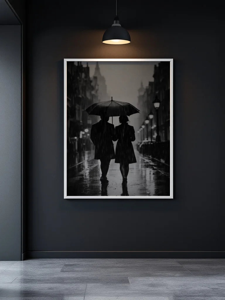A framed black and white art print depicting a couple under an umbrella on a rainy street, displayed on a dark gray wall under a hanging lamp.