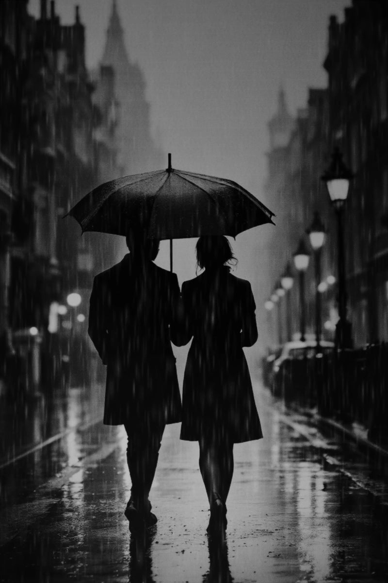 Black and white photograph of a couple walking arm in arm under a large umbrella on a wet city street in the rain, with blurred buildings and streetlights in the background.