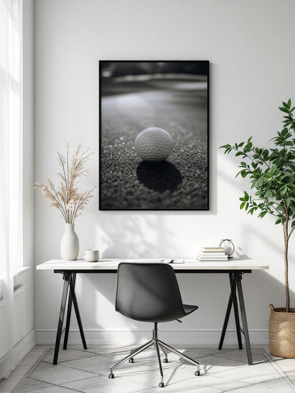 A vertical black and white framed art print of a golf ball on a grassy field, displayed on a white wall above a modern desk setup in a bright room.