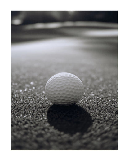 A single white golf ball resting on dark textured turf, photographed in a close-up outdoor-style shot with shallow depth of field.