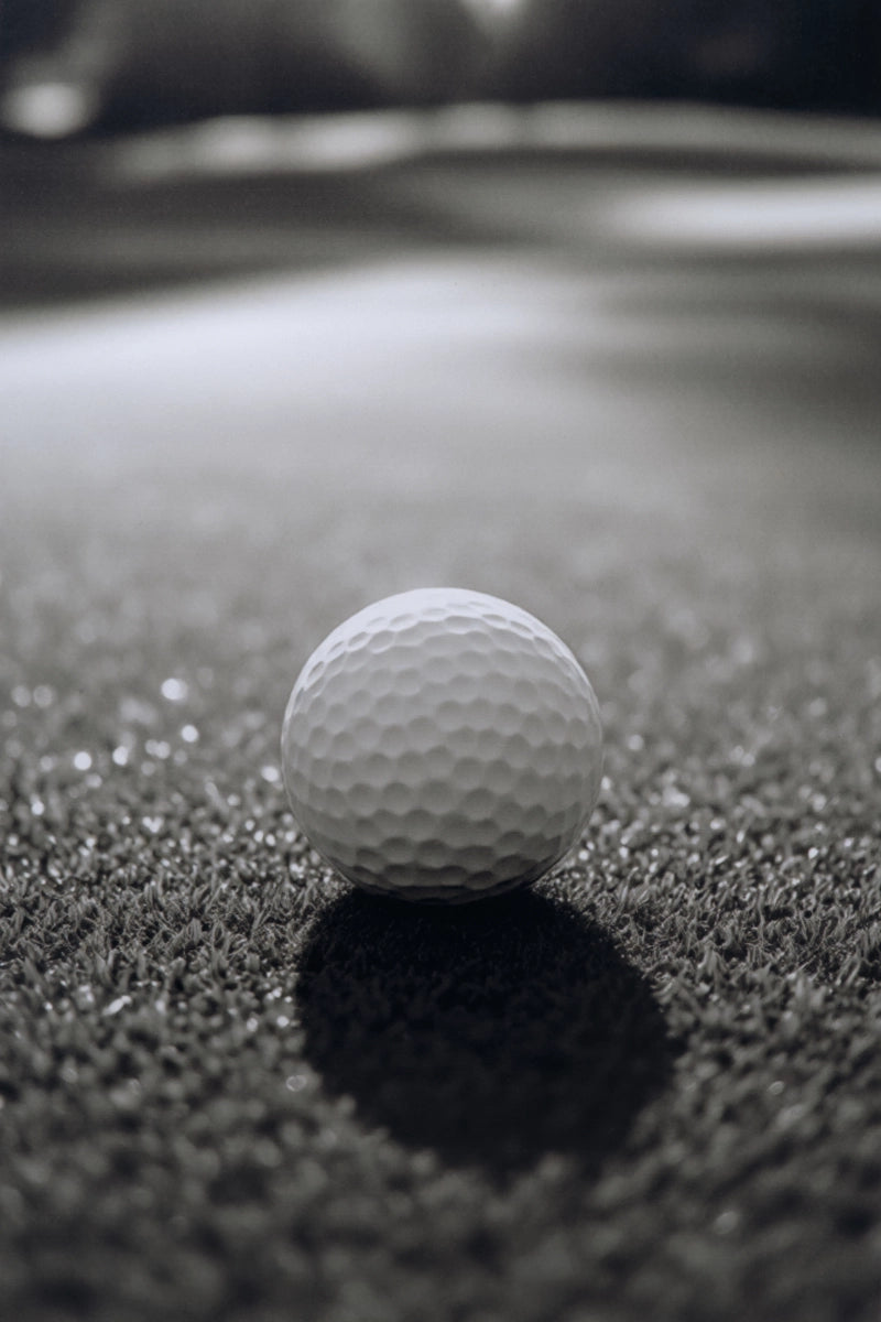 A single white golf ball resting on dark artificial turf with a sharp focus on the ball and its shadow, set against a blurred background.