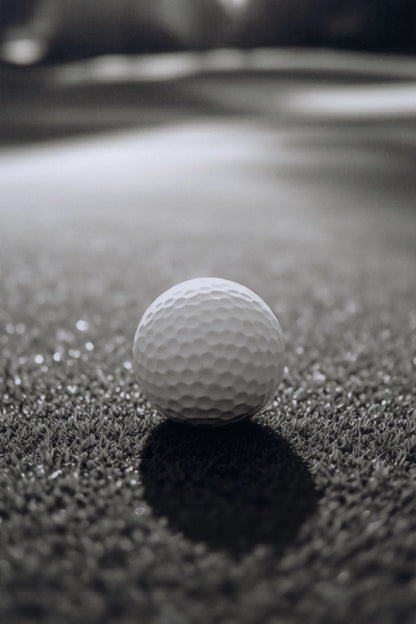 A single white golf ball resting on dark artificial turf with a sharp focus on the ball and its shadow, set against a blurred background.