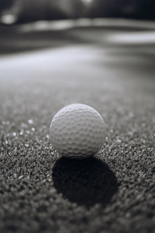 A single white golf ball resting on dark artificial turf with a sharp focus on the ball and its shadow, set against a blurred background.
