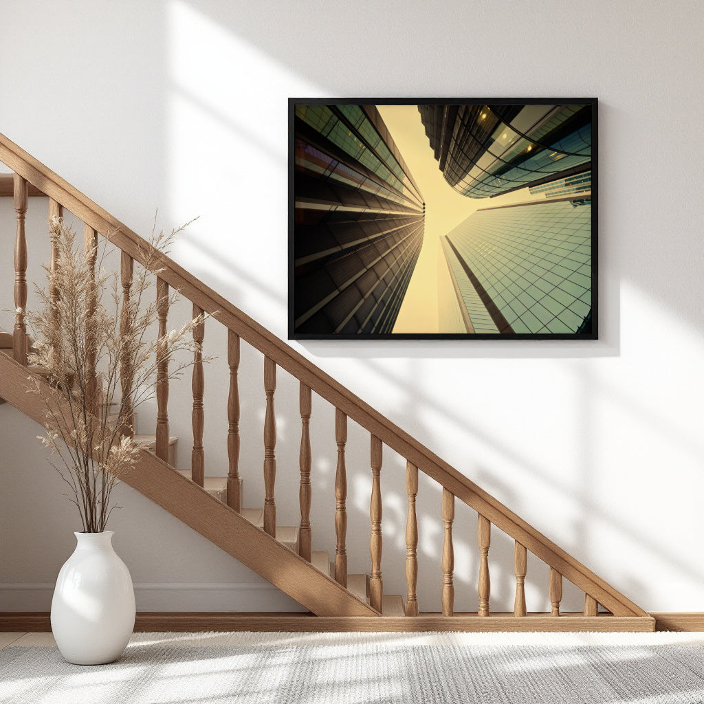 A framed wall art print depicting a dramatic low-angle view of modern skyscrapers converging toward the sky, displayed on a white wall above a wooden staircase in a bright, modern interior.
