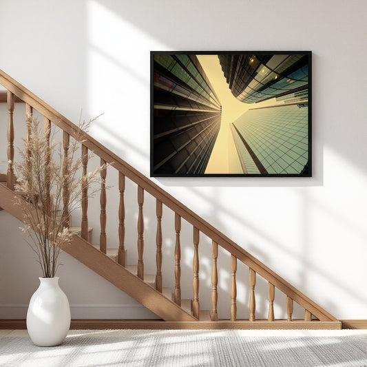 A framed wall art print depicting a dramatic low-angle view of modern skyscrapers converging toward the sky, displayed on a white wall above a wooden staircase in a bright, modern interior.