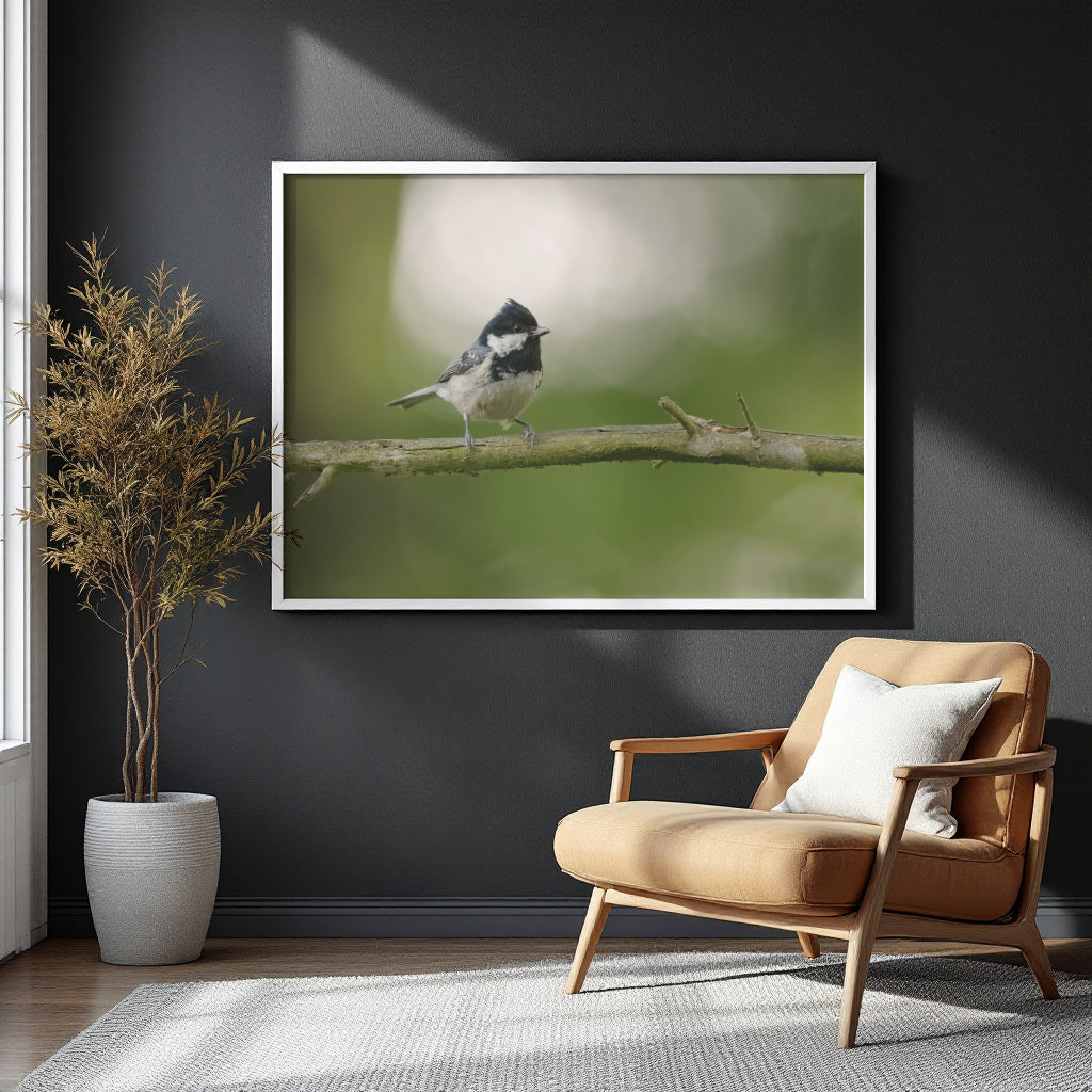 A framed wall art print showing a small black-and-white bird perched on a branch against a soft green blurred background, displayed in a modern living room with a tan armchair, white pillow, and potted dried plant.