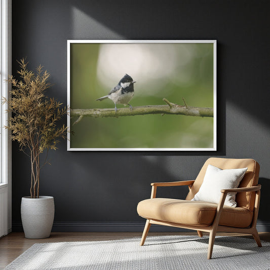 A framed wall art print showing a small black-and-white bird perched on a branch against a soft green blurred background, displayed in a modern living room with a tan armchair, white pillow, and potted dried plant.