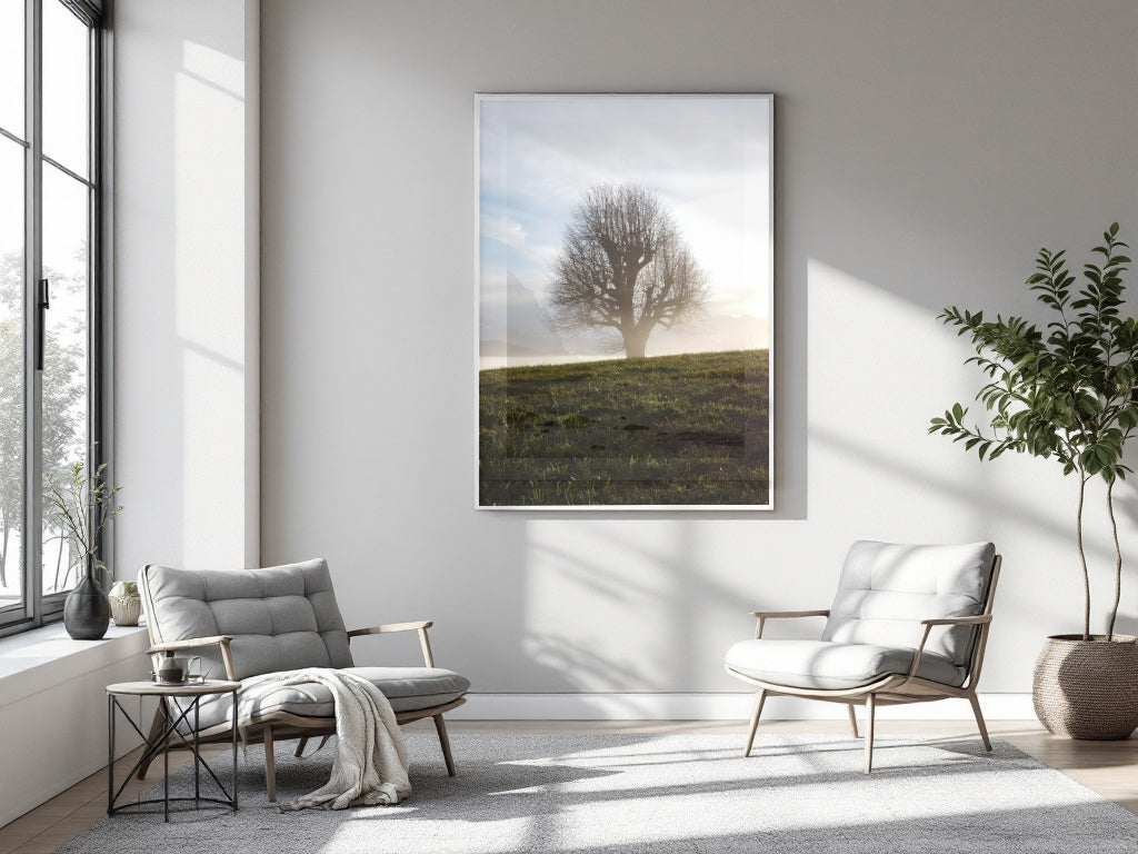 A vertical framed art print depicting a solitary tree on a grassy hill at sunrise, displayed on a light gray wall in a modern, sunlit living room with two gray armchairs and a potted plant.