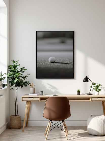 A vertical black-framed wall art print featuring a minimalist black and white photograph of a small white stone on sand, displayed in a modern, sunlit home office above a wooden desk and brown chair.