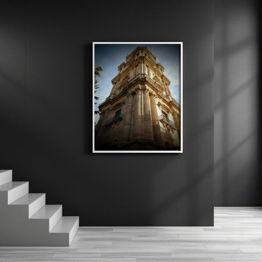 A framed vertical art print of a historic stone tower, shown hanging on a dark gray wall in a modern interior setting with white stairs and light wood flooring.